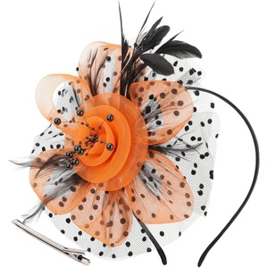DRESHOW Fascinators Hat Flower Mesh Ribbons Feathers on a Headband and a Clip Tea Party Headwear for Girls and Women(7″ Diameter / Orange & Black)