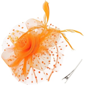 DRESHOW Fascinators Hat Flower Mesh Ribbons Feathers on a Headband and a Clip Tea Party Headwear for Girls and Women(7″ Diameter / Orange)