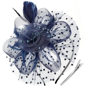 DRESHOW Fascinators Hat Flower Mesh Ribbons Feathers on a Headband and a Clip Tea Party Headwear for Girls and Women(7″ Diameter / Oxford Blue)