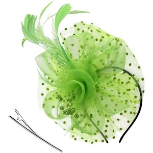 DRESHOW Fascinators Hat Flower Mesh Ribbons Feathers on a Headband and a Clip Tea Party Headwear for Girls and Women(7″ Diameter / Pea Green)