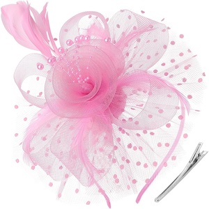 DRESHOW Fascinators Hat Flower Mesh Ribbons Feathers on a Headband and a Clip Tea Party Headwear for Girls and Women(7″ Diameter / Pink)