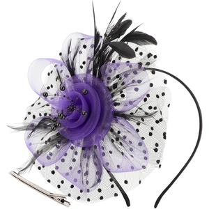 DRESHOW Fascinators Hat Flower Mesh Ribbons Feathers on a Headband and a Clip Tea Party Headwear for Girls and Women(7″ Diameter / Purple & Black)