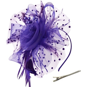 DRESHOW Fascinators Hat Flower Mesh Ribbons Feathers on a Headband and a Clip Tea Party Headwear for Girls and Women(7″ Diameter / Purple)