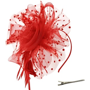 DRESHOW Fascinators Hat Flower Mesh Ribbons Feathers on a Headband and a Clip Tea Party Headwear for Girls and Women(7″ Diameter / Red)