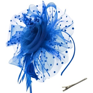 DRESHOW Fascinators Hat Flower Mesh Ribbons Feathers on a Headband and a Clip Tea Party Headwear for Girls and Women(7″ Diameter / Royal Blue)