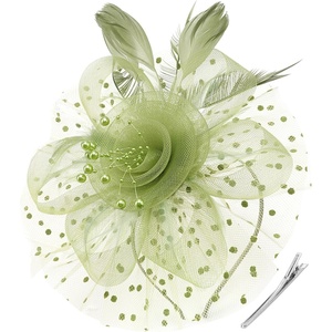 DRESHOW Fascinators Hat Flower Mesh Ribbons Feathers on a Headband and a Clip Tea Party Headwear for Girls and Women(7″ Diameter / Sage Green)