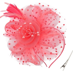 DRESHOW Fascinators Hat Flower Mesh Ribbons Feathers on a Headband and a Clip Tea Party Headwear for Girls and Women(7″ Diameter / Watermelon Red)