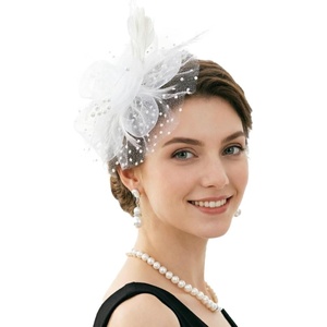 DRESHOW Fascinators Hat Flower Mesh Ribbons Feathers on a Headband and a Clip Tea Party Headwear for Girls and Women(7″ Diameter / White)
