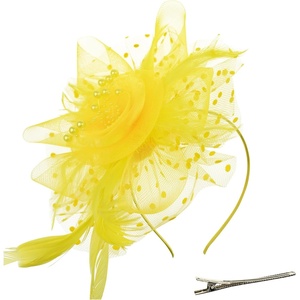 DRESHOW Fascinators Hat Flower Mesh Ribbons Feathers on a Headband and a Clip Tea Party Headwear for Girls and Women(7″ Diameter / Yellow)
