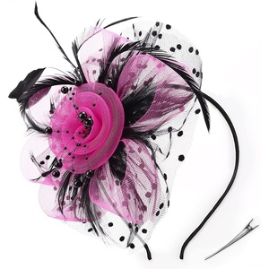 DRESHOW Fascinators Hat Flower Mesh Ribbons Feathers on a Headband and a Clip Tea Party Headwear for Girls and Women(7″ Diameter/ Black Fuschia)