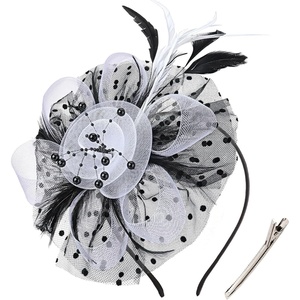 DRESHOW Fascinators Hat Flower Mesh Ribbons Feathers on a Headband and a Clip Tea Party Headwear for Girls and Women(7″ Diameter/ Black White)