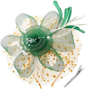 DRESHOW Fascinators Hat Flower Mesh Ribbons Feathers on a Headband and a Clip Tea Party Headwear for Girls and Women(7″ Diameter/ Green & White & Orange)