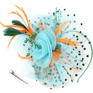 DRESHOW Fascinators Hat Flower Mesh Ribbons Feathers on a Headband and a Clip Tea Party Headwear for Girls and Women(7″ Diameter/ Green and Orange and Sky Blue)