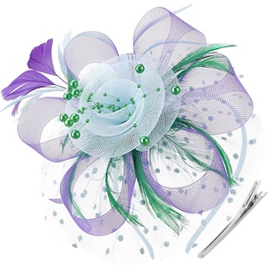 DRESHOW Fascinators Hat Flower Mesh Ribbons Feathers on a Headband and a Clip Tea Party Headwear for Girls and Women(7″ Diameter/ Light Blue & Purple & Grass Green)