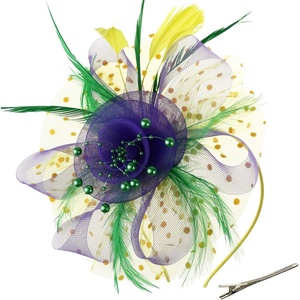 DRESHOW Fascinators Hat Flower Mesh Ribbons Feathers on a Headband and a Clip Tea Party Headwear for Girls and Women(7″ Diameter/ Purple Yellow Green)