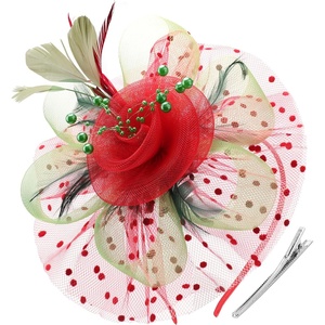 DRESHOW Fascinators Hat Flower Mesh Ribbons Feathers on a Headband and a Clip Tea Party Headwear for Girls and Women(7″ Diameter/ Red & Olive Green & Dark Green)