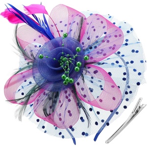 DRESHOW Fascinators Hat Flower Mesh Ribbons Feathers on a Headband and a Clip Tea Party Headwear for Girls and Women(7″ Diameter/ Royal Blue & Hot Pink & Dark Green)