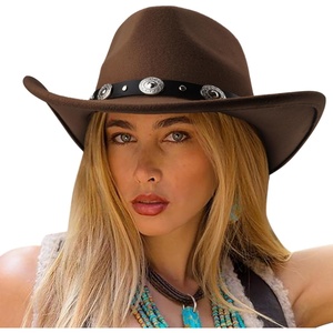 DRESHOW Women Men Classic Felt Wide Brim Western Cowboy & Cowgirl Cap Belt Buckle Retro Panama Hat Unisex Rolled up Caps(1 Pack: Coffee (Hat Circumference: 22-22.8″))