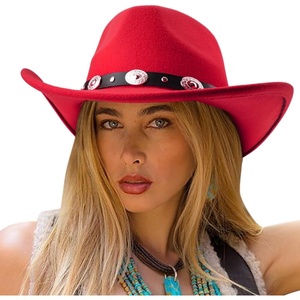 DRESHOW Women Men Classic Felt Wide Brim Western Cowboy & Cowgirl Cap Belt Buckle Retro Panama Hat Unisex Rolled up Caps(1 Pack: Red (Hat Circumference: 22-22.8″))