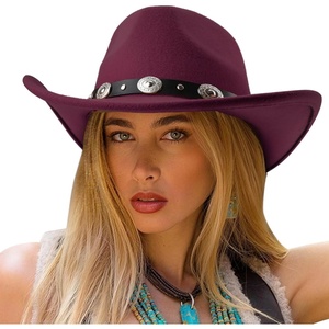 DRESHOW Women Men Classic Felt Wide Brim Western Cowboy & Cowgirl Cap Belt Buckle Retro Panama Hat Unisex Rolled up Caps(1 Pack Style 1: Burgundy (Hat Circumference: 22-22.8″))