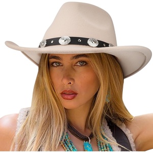 DRESHOW Women Men Classic Felt Wide Brim Western Cowboy & Cowgirl Cap Belt Buckle Retro Panama Hat Unisex Rolled up Caps(Beige With Black Hatband(circumference: 22-22.8″))