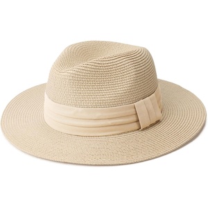 DRESHOW Women Straw Panama Hat Travel Fedora Beach Sun Hat Summer Wide Brim Straw Roll up Hats UPF 50+(Beige Hat With Cream Band a)
