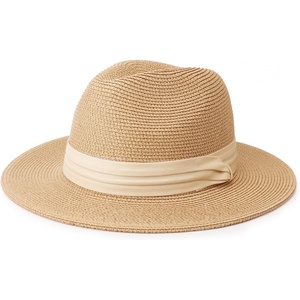 DRESHOW Women Straw Panama Hat Travel Fedora Beach Sun Hat Summer Wide Brim Straw Roll up Hats UPF 50+(Fedora Hat: Kahki (Beige Ribbon))