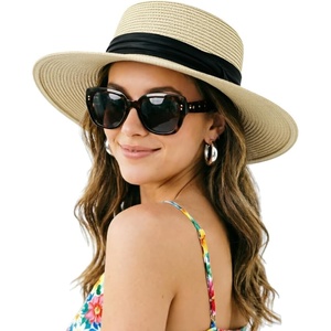 DRESHOW Women Straw Panama Hat Travel Fedora Beach Sun Hat Summer Wide Brim Straw Roll up Hats UPF 50+(Fedora L Beige a)