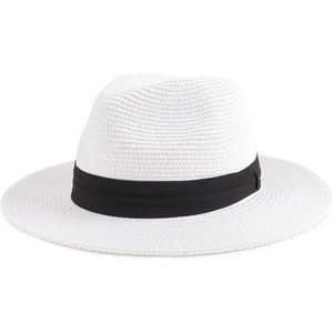 DRESHOW Women Straw Panama Hat Travel Fedora Beach Sun Hat Summer Wide Brim Straw Roll up Hats UPF 50+(Fedora White)