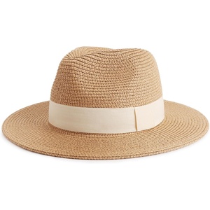 DRESHOW Women Straw Panama Hat Travel Fedora Beach Sun Hat Summer Wide Brim Straw Roll up Hats UPF 50+(Fedora a Khaki (Beige Hatband))