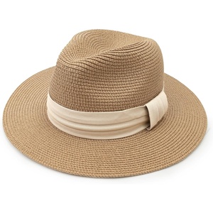 DRESHOW Women Straw Panama Hat Travel Fedora Beach Sun Hat Summer Wide Brim Straw Roll up Hats UPF 50+(Khaki Hat With Cream Band)