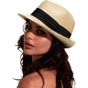 DRESHOW Women Straw Sun Hat Short Brim Panama Travel Fedora Summer Hat Roll Up Beach Cap for Women UPF 50+(Beige Fa)